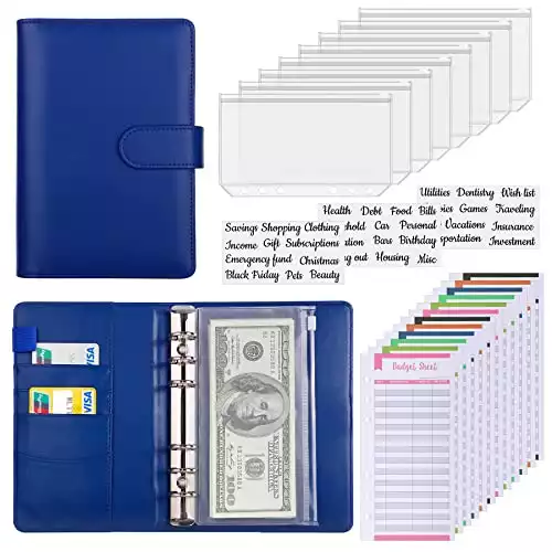 Antner Budget Binder with Zipper Cash Envelopes Expense Sheets for Budgeting and Saving Money, Budget Planner with Cash Envelopes, A6 Money Saving Binder for Money Saving Challenge, Navy Blue