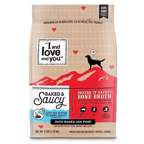 "I and love and you" Baked and Saucy Dry Dog Food with Gravy Coating, Beef and Sweet Potato Recipe, Grain Free, Coated in Bone Broth, Prebiotics and Probiotics, Real Meat, No Fillers, 4 lb B...