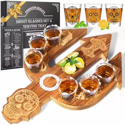 Faivykyd Tequila Gifts Trident Shot Board W/6 Skull Glasses Set, Wooden Shot Glass Serving Tray with Salt Rim, Shot Holder Bar Display & Storage, Gift for Tequila Lovers, Men, Women