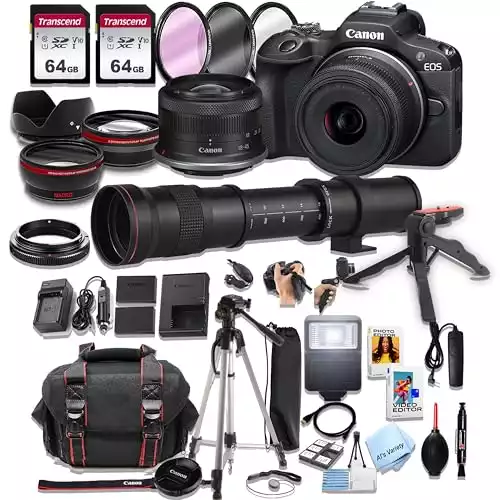 Canon EOS R100 Mirrorless Camera with 18-45mm Lens + 420-800mm Super Telephoto Lens + 128GB Memory, Spare Battery, Filters,Case, Tripod, Flash, and More (41pc Bundle)