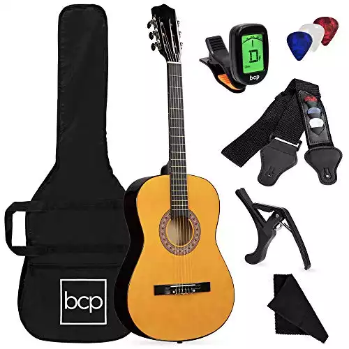 Best Choice Products 38in Beginner All Wood Acoustic Guitar Starter Kit w/Gig Bag, Digital Tuner, 6 Celluloid Picks, Nylon Strings, Capo, Cloth, Strap w/Pick Holder - Natural
