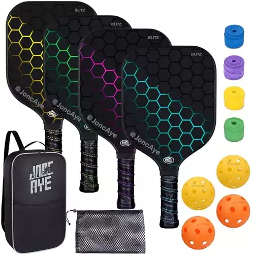 JoncAye Pickleball Paddles Set of 4 Fiberglass Rackets and Balls w/Racquet Case, Overgrip, Ball Bag, USAPA Approved Pickle-Ball Kit for Women, Men, Lightweight Starter Set for Kids, Adults