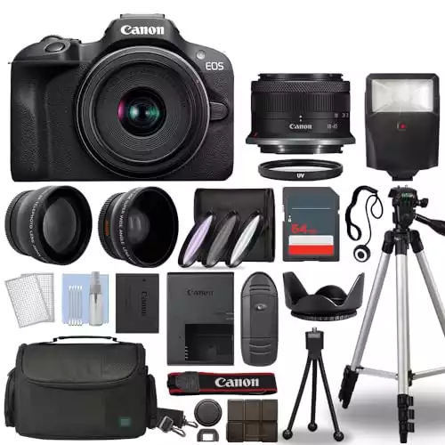 Canon EOS R100 Mirrorless Digital Camera Body Black with Canon RF-S 18-45mm f/4.5-6.3 is STM Lens 3 Lens Kit with Complete Accessory Bundle + Memory Card+ Flash & More- International Model (64gb K...