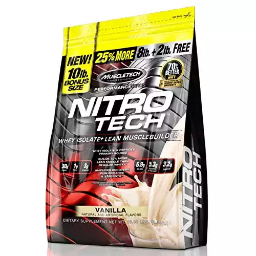 MuscleTech Nitro-Tech Whey Protein Powder Isolate & Peptides | Protein + Creatine for Muscle Gain | Muscle Builder for Men & Women | Sports Nutrition | Vanilla, 10 lb (100 Servings)