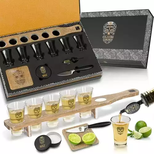 Don Paragone Calavera Tequila Shot Board Set - Fine Oak Wood Shot Glass Holder Tray with 6 Tequila Shot Glasses, Cutting Board, Lime Knife, Salt Tin, Bottle Pourer - Tequila Gifts for Tequila Lovers