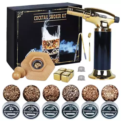 ROMUCHE Cocktail Smoker Kit with Torch Whiskey Smoker Kit with 6 Flavors Wood Chips Ice Cubes Bourbon Smoker Kit for Infuse Cocktail Bourbon Whiskey Making Kit for Men Christmas Valentine's Day