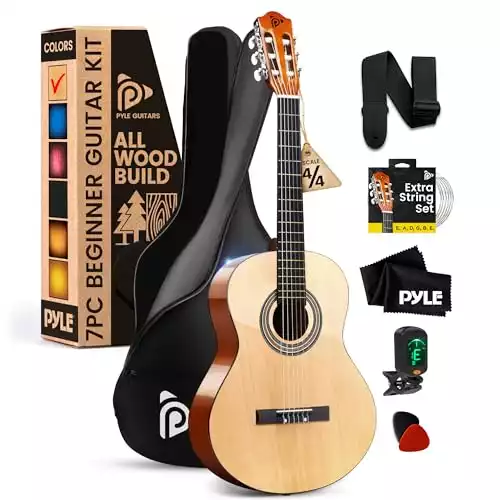 Pyle Beginner Acoustic Guitar Kit, 4/4 Full Size All Wood Instrument for Beginners, Adults, 39" Natural Gloss