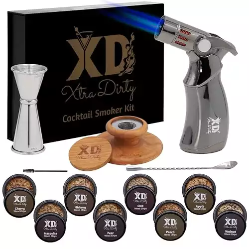 Xtra Dirty Cocktail Smoker Kit - 4 Flame Jet Torch - Old Fashioned Cocktail Kit - Whiskey Gift for Men - Valentine's Day Gift for Him - Whiskey Infusion Kit - Bourbon Smoker (8 Wood Chip Jars)