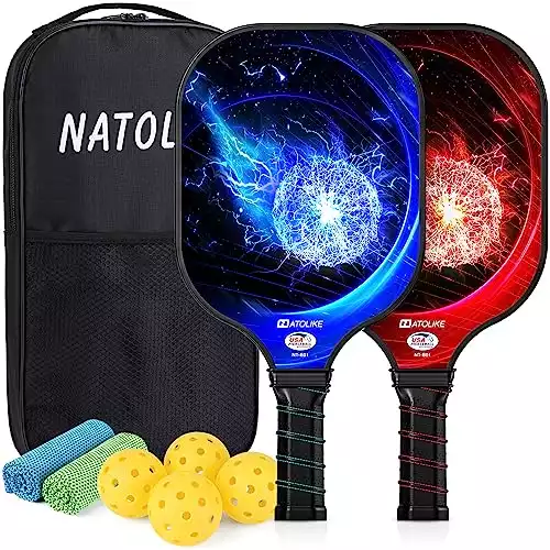 NATOLIKE Lightweight Pickleball Paddles, USAPA Approved Set of 2, Fiberglass Surface with Polypropylene Core Pickleball Set, 2 Pickleball Rackets, 4 Balls, 2 Cooling Towels & Bag