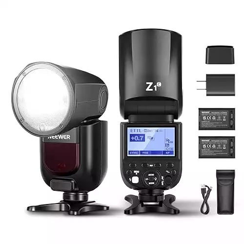 NEEWER Z1-C TTL Round Head Speedlite Flash Kit for Canon Camera, 76Ws 2.4G 1/8000s HSS Speedlight with Modeling Lamp, Two 2600mAh Lithium Battery and USB Charger, 480 Full Power Shots, 1.5s Recycling