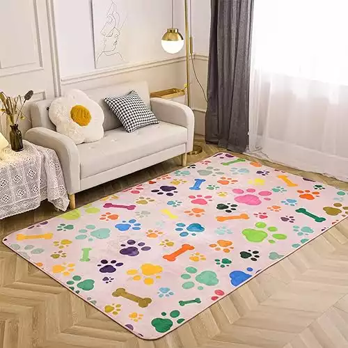 Aimuan Soft Area Rug Colorful Dog Paw Fun Puppy Paws and Bones Print Rugs Cute Nursery Kids Velvet Carpet 5 ft x8 ft Faux Fur Flannel Decor Kitty Cat Floor Mat for Living Bedroom (5x8 feet, Cream)