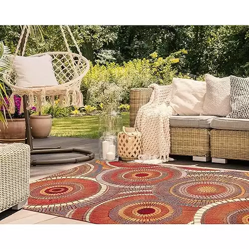Liora Manne Marina Indoor Outdoor Rug - Multicolored Designs, Comfortable & Durable, Power Loomed, Polypropylene Material, UV Stabilized, Circles Saffron, 7'10" x 9'10"