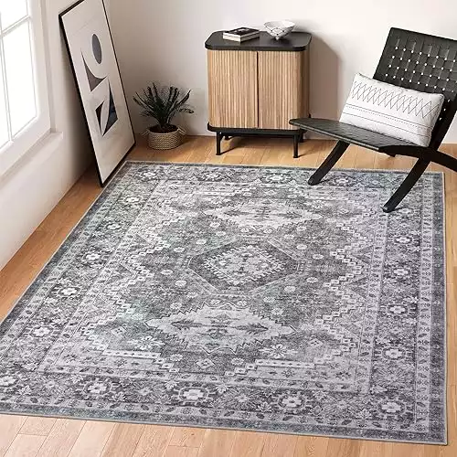 Rugland 5x7 Area Rugs - Stain Resistant Washable Rug, Anti Slip Rugs for Living Room, Vintage Tribal Area Rugs(TPR07-Grey, 5'x7')