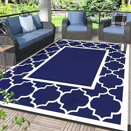 GENIMO 5' x 8' Outdoor Rug Waterproof for Patio Decor, Foldable Reversible Plastic Straw Area Rugs Mat for Camper, Outside Carpet for Rv, Deck, Porch, Picnic, Beach, Balcony, Blue & Whit...